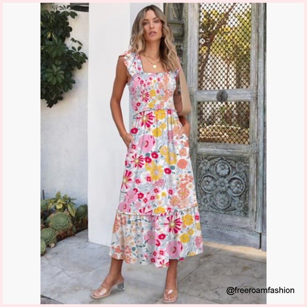 Sleeveless Maxi Dress Square Neck Smocked Boho Casual Ruffle Strap Flowy A-Line - Picture 3 of 7